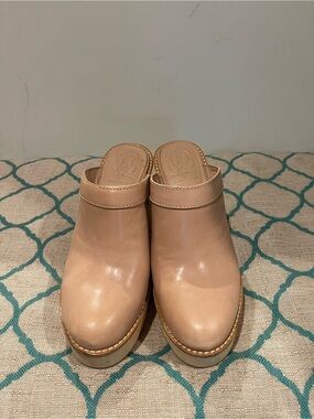 Women's Beige Leather Platform Clog Mules
